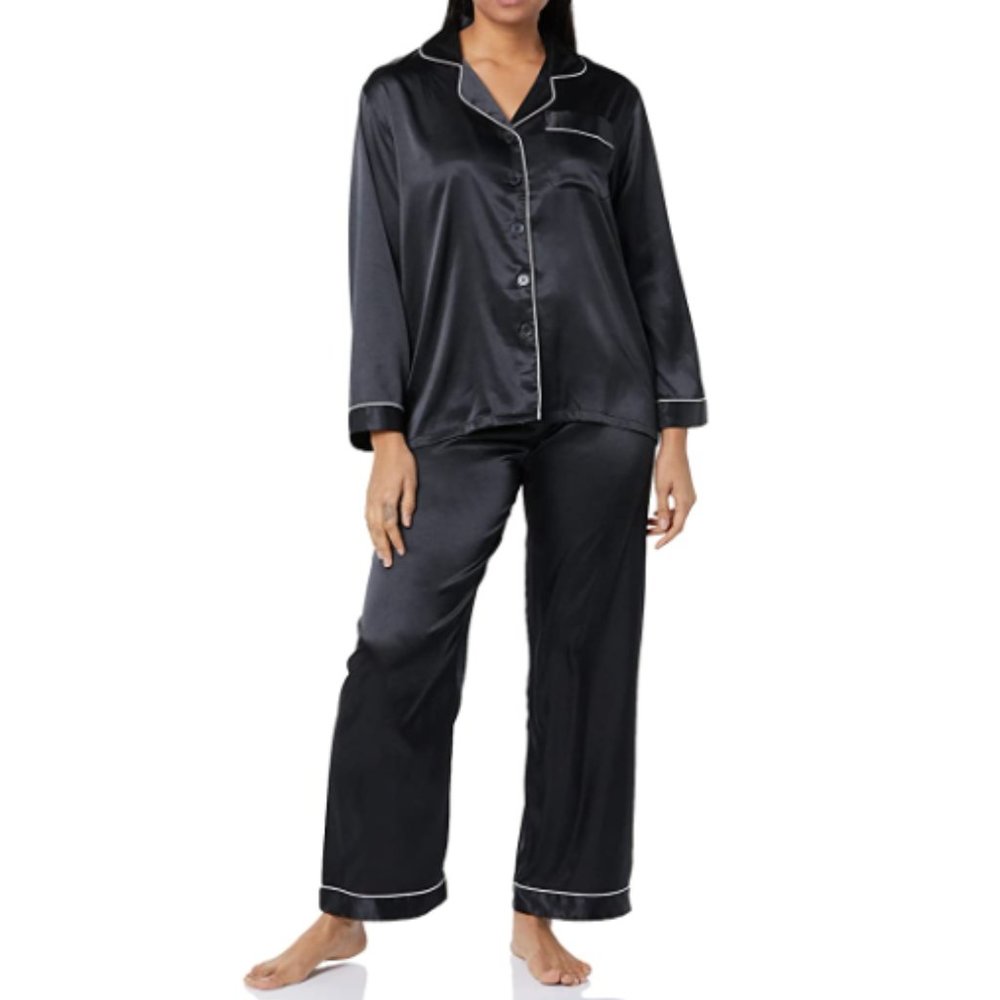 Alexander Del Rossa Women's Satin Pajama Set Black with White Piping